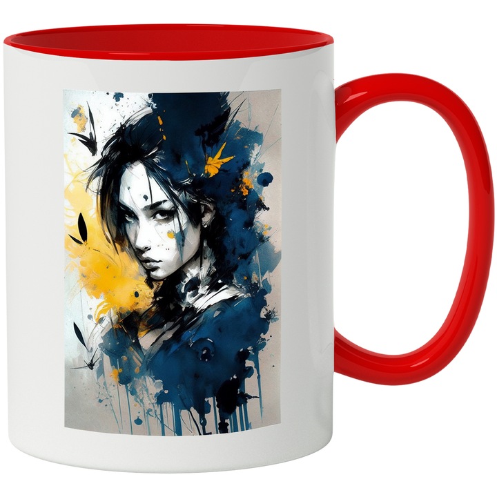 Cana Cu Portret Fata Parul Lung, Fii Puternic, Fluturi Zbrand, Galben, Negru, 330 ml, cu maner Rosu