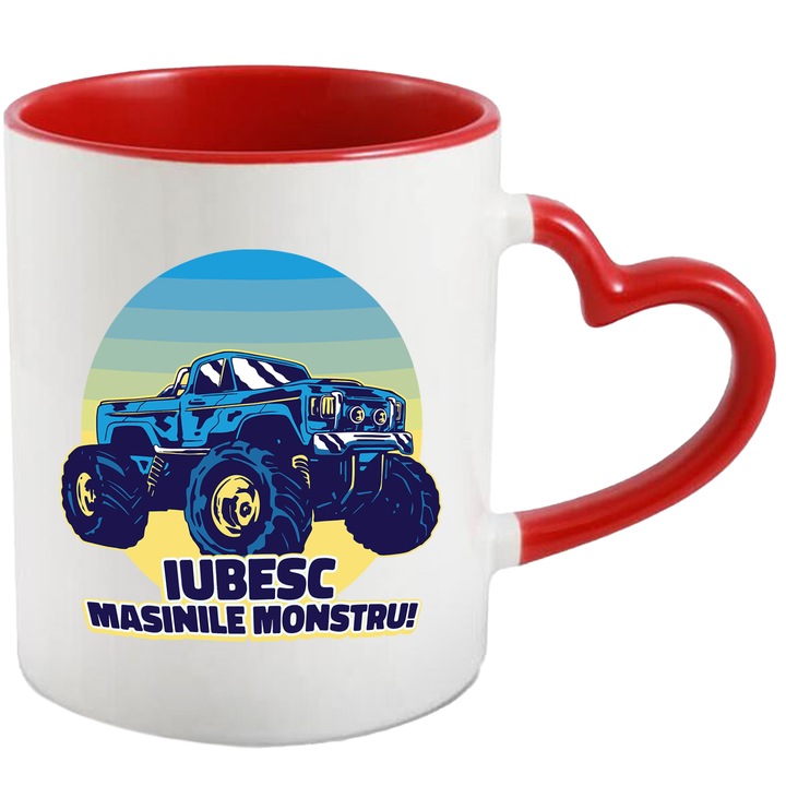 Cana Cu Mesaj Iubesc Masinile Monstru, Drumetie, Big Car, Albastru Galben, Barbati, 330 ml, cu maner Inima Rosie