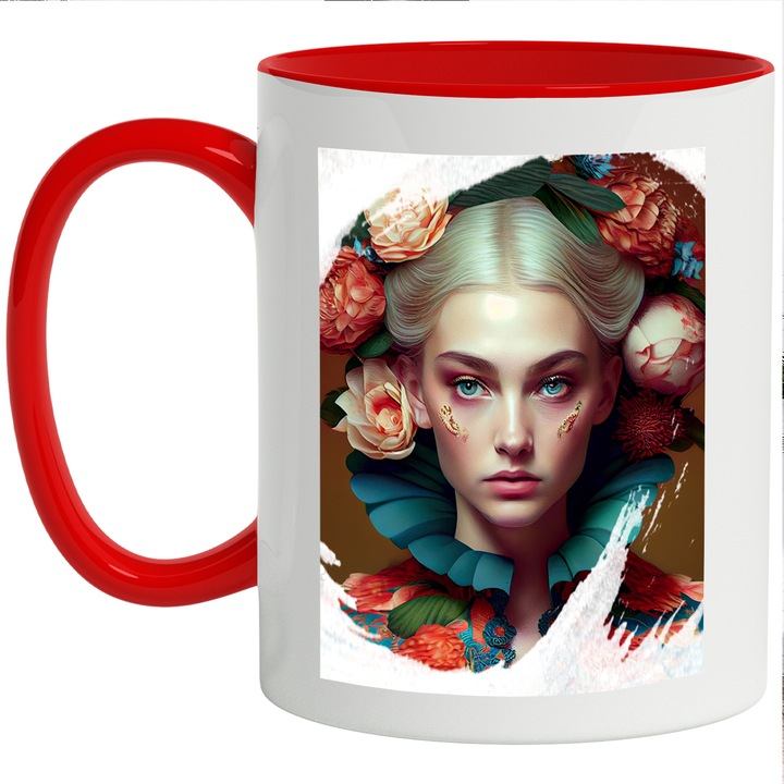 Cana Cu Pictura Portret Fata Blonda, Bandana Flori Roz, Tinuta Bizara, Frumusete Naturala, Multicolor, 330 ml, cu maner Rosu