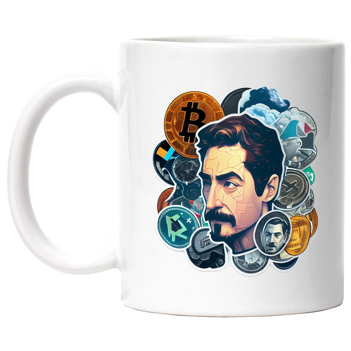 Cana Cu Portret Stil Pablo Escobar In Tinerete, Celebritatii Istorice, Comics, Super Erou, Iubitorii De Istorie, 330 ml, cu maner Alb