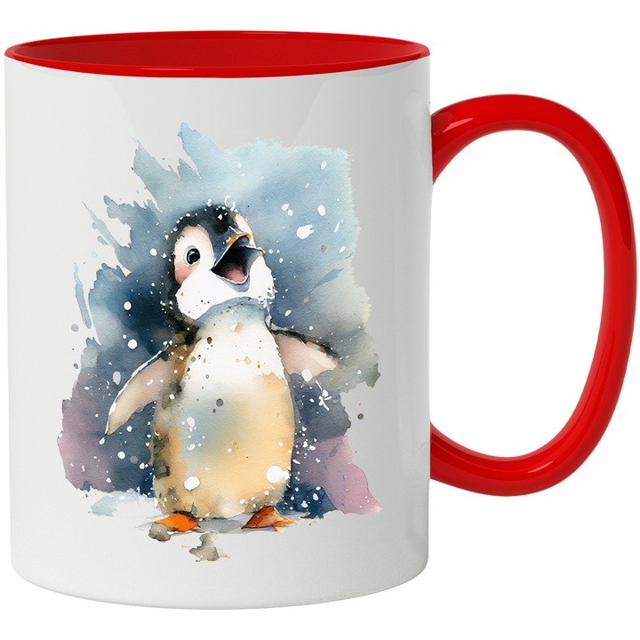 Cana Cu Pui De Pinguin Fericit In Fulgii De Zapada, Animal Dragalas, Desene Animate, Iubitorii De Animale, Multicolor, 330 ml, cu maner Rosu