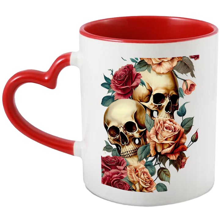 Cana Cu Cranii De Mort, Trandafiri Rosii Si Roz, Rock, Iubitorii De Gen Rock, Multicolor, 330 ml, cu maner Rosu