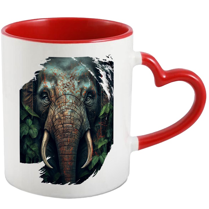 Cana Cu Portret Elefant Batran, Animal Gigant Puternic, Salbatcie, Frumusetea Nataurii, Multicolor, 330 ml, cu maner Inima Rosie