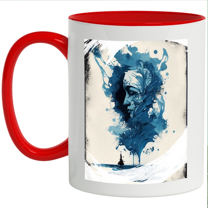 Cana Cu Chip De Femei, Foaie Murdara Albastru, 330 ml, cu maner Rosu