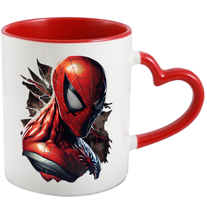 Cana Cu Portret Spider Man, Desene Animate Omul Paianjen, Comics, Super Erou, Iubitorii De Filme Marvel, 330 ml, cu maner Inima Rosie