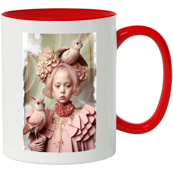 Cana Cu Portret Fata Mica, Pasari Bizare, Alba Ca Zapada, Tinuta Roz, Univers Interbelic, Multicolor, 330 ml, cu maner Rosu