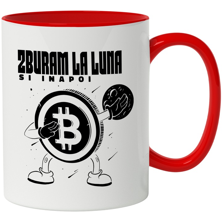 Cana Cu Mesaj Zburam La Luna Si Inapoi, Bitcoin Zburator, Monede Virtuale, Negru, Investitii, 330 ml, cu maner Rosu