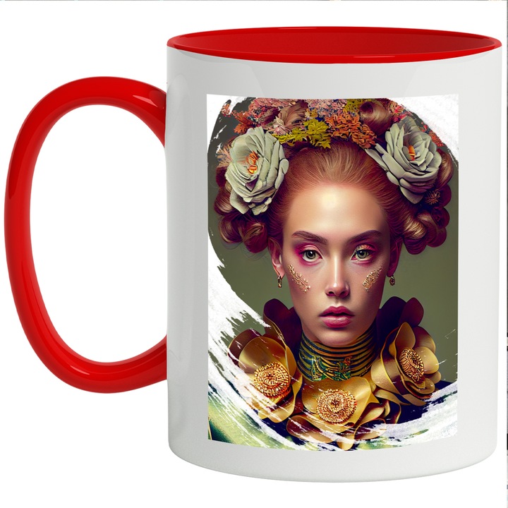 Cana Cu Portret Fata Flori In Par Saten, Tiuta Bizara, Palida, Flori Bej, Frumuseste Naturala, Multicolor, 330 ml, cu maner Rosu