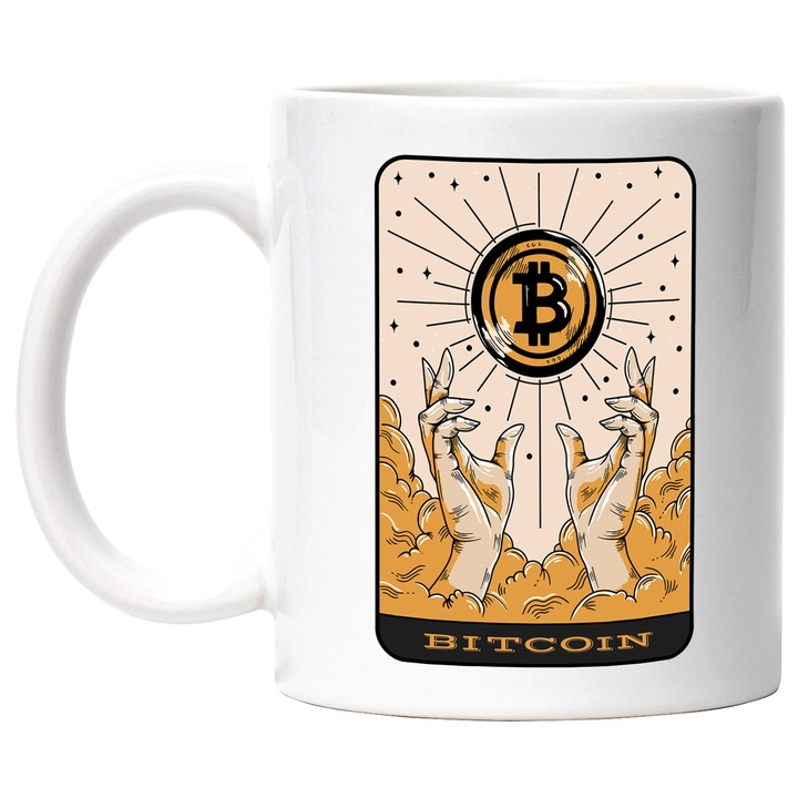Cana Cu Carte Tarot Bitcoin, Moneda In Cer Maini, Iubitorii De Investitii, Moneda Virtuala, 330 ml, cu maner Alb