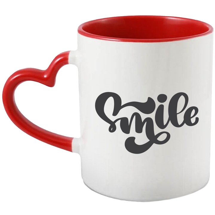 Cana Cu Mesaj Smile, Zambeste, Persoana Draga, Motivational, Negru, 330 ml, cu maner Inima Rosie