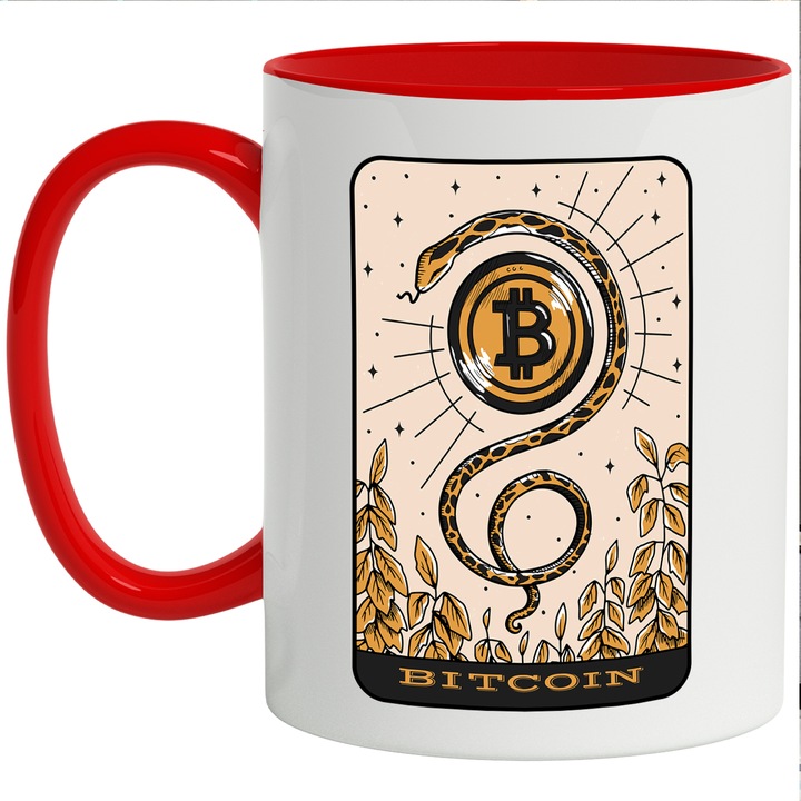 Cana Cu Carte Tarot Bitcoin, Sarpe, Iubitorii De Investitii, Moneda Virtuala, 330 ml, cu maner Rosu