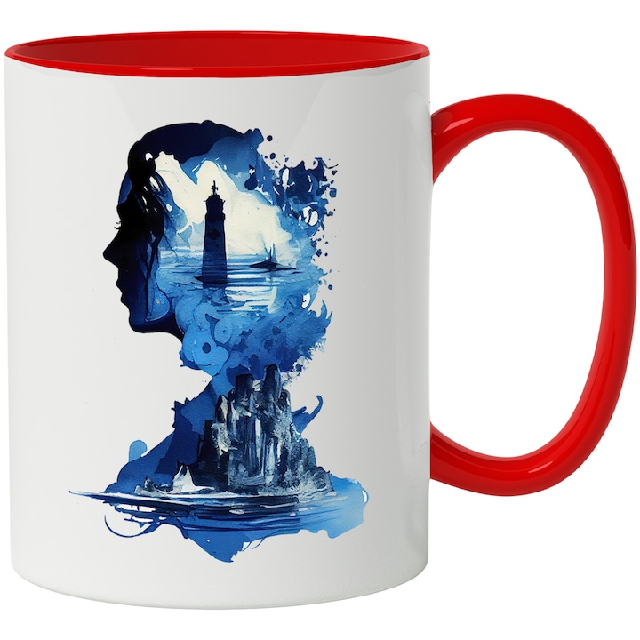 Cana Cu Pictura Curgatoare, Chip De Femei, Priveliste Iarna Far Stanca De Gheata, Greutatiile Femeii, Albastru, 330 ml, cu maner Rosu