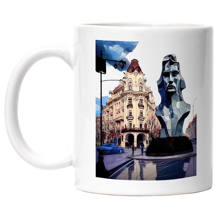 Cana Cu Straziile Din Bucuresti, Statuie Mihai Eminescu, Coltul Cladirii, Dupa-Amiaza In Centrul Vechi, Multicolor, 330 ml, cu maner Alb