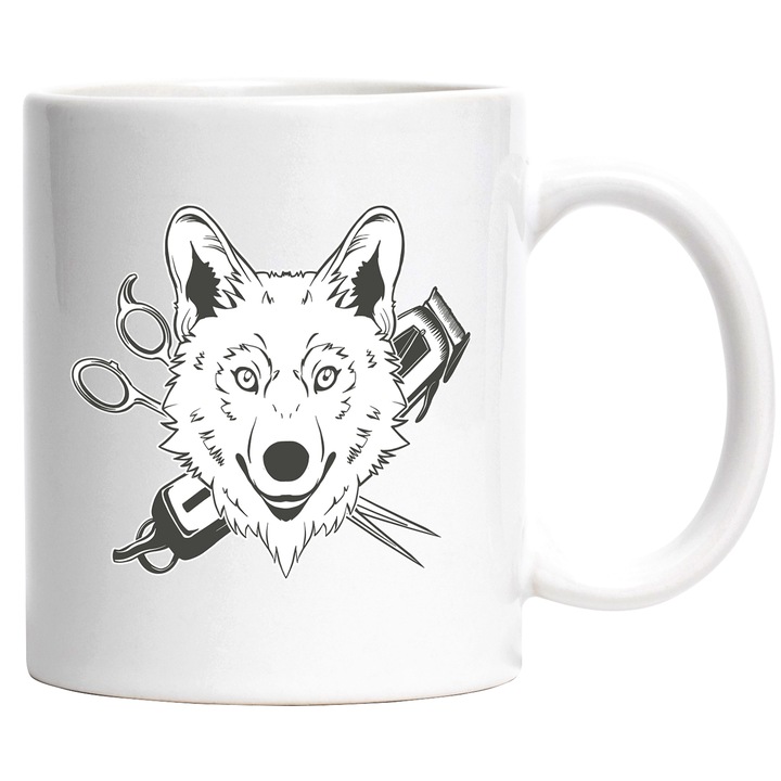 Cana Cu Lup Bine Coafat In Spate Foarfeca Si masina De tuns, Hairstyle, Haios, Negru, 330 ml, cu maner Alb