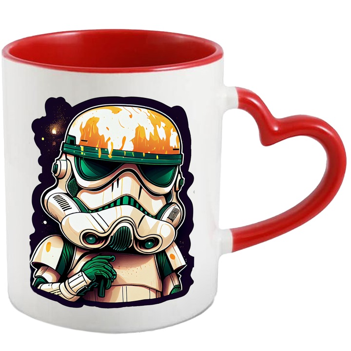 Cana Cu Robot Stil StarWars, Desene Animate Razboiul Stelelor, Soldat Cu armura Alba, 330 ml, cu maner Inima Rosie