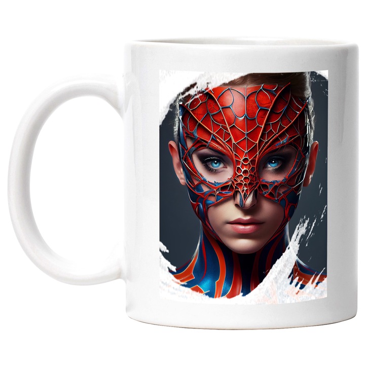 Cana Cu Portret SpiderMan Fata, Ochii Albastri, Marvel, Super Erou, Multicolor, 330 ml, cu maner Alb