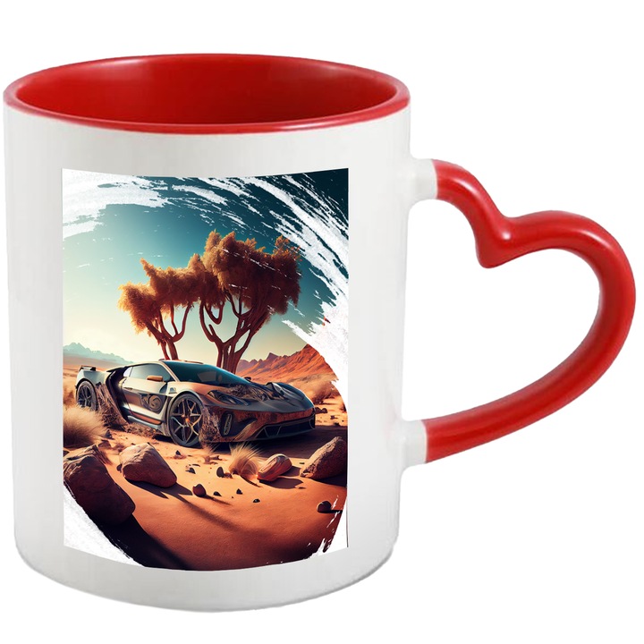 Cana Cu Masina Sport In Desert Langa Un Pom, Salbaticie, Caldura, Iubitorii De Masini, Multicolor, 330 ml, cu maner Inima Rosie