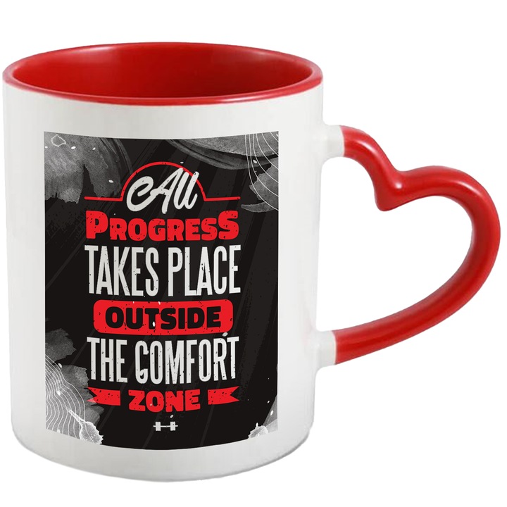 Cana Cu Mesaj Motivational All Progress Takes Place Outside The Comfort Zone, Curaj, Gym, Atingerea Obiectivului, Multicolor, 330 ml, cu maner Inima Rosie