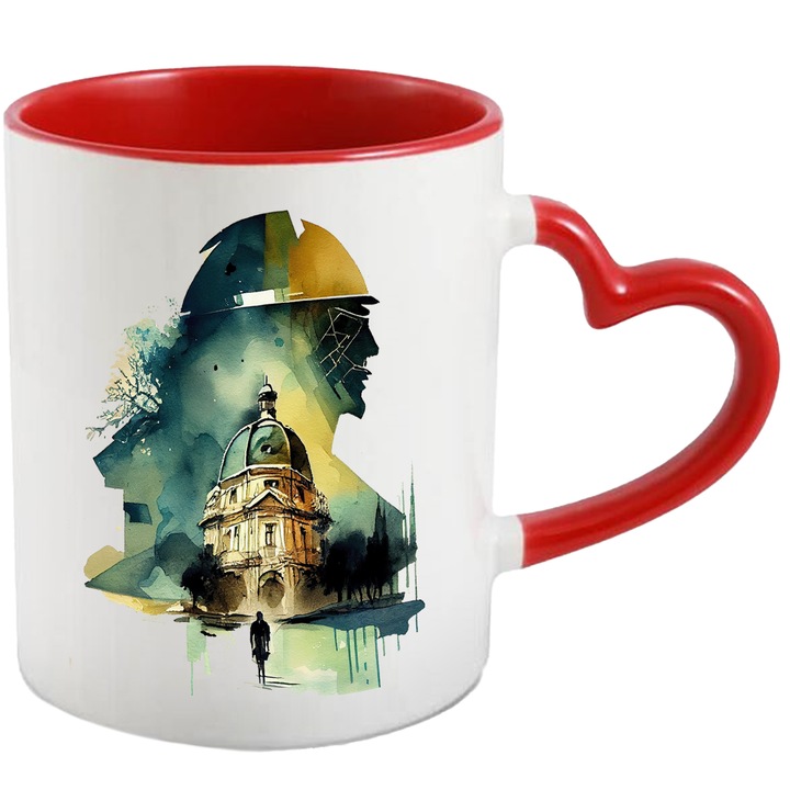 Cana Cu Om Mergand Spre Biserica, Sileata Barbateasca In Fundal, Arta Abstracta, Personaizat, Multicolor, 330 ml, cu maner Inima Rosie