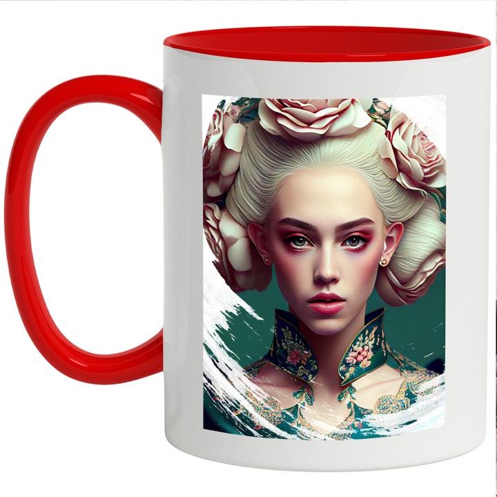 Cana Cu Portret 'Mira', Flori In Par Blond, Ochii Albastri, Zeita Floriilor, Multicolor, 330 ml, cu maner Rosu