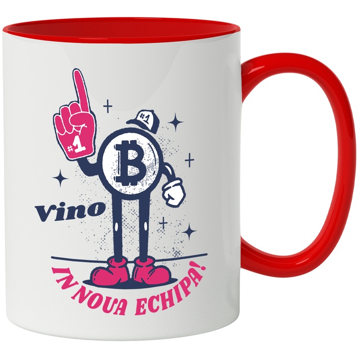 Cana Cu Mesaj Vino In Noua Echipa, Bitcoin Nr 1, Echipa Unita, Iubtorii De Investitii, Monede Virtuale, Roz Albastru, 330 ml, cu maner Rosu