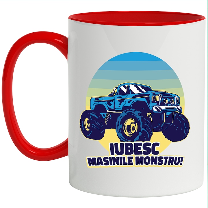 Cana Cu Mesaj Iubesc Masinile Monstru, Drumetie, Big Car, Albastru Galben, Barbati, 330 ml, cu maner Rosu