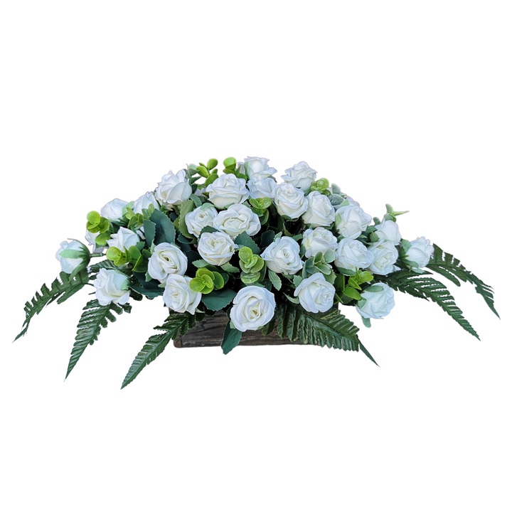 Aranjament floral oval cu flori albe artificiale de trandafiri si verdeata decorativa artificiala, 38x20x20 cm, Dady, in vas din piatra