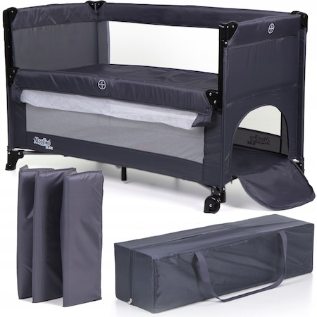 Patut pliant voiaj ultraportabil 2 in 1 pentru copii LikeSmart Bed Slide, Podea Suspendata, usor de transportat, ideal pentru calatorii, material rezistent cu protectii laterale si saltea inclusa, Gri Slide