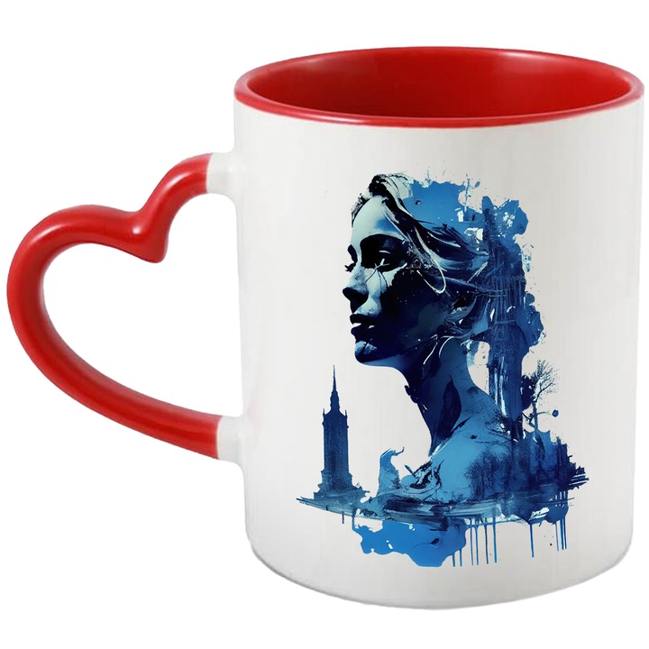 Cana Cu Portret Stil Fata Invingatoare Inghetat, Turn Inalt, Minte Luminata, Multicolor, 330 ml, cu maner Inima Rosie