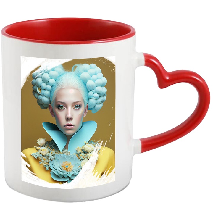 Cana Cu Portret Fata Albastra, Tinuta Cu Guler Albastru, Palida, Regina Carnavalului, Multicolor 330 ml, cu maner Inima Rosie