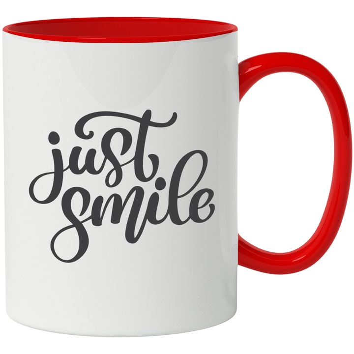 Cana Cu Mesaj Just Smile, Cadaou Persoanele Ce Au Trecut Prin Multe, Fericire, Negru, 330 ml, cu maner Rosu