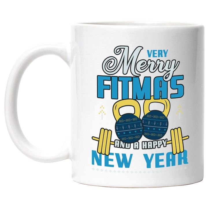 Cana Cu Mesajul Haios Very Merry Fitmas, Gym, Iubitorii De Fitness, Negru, 330 ml, cu maner Alb