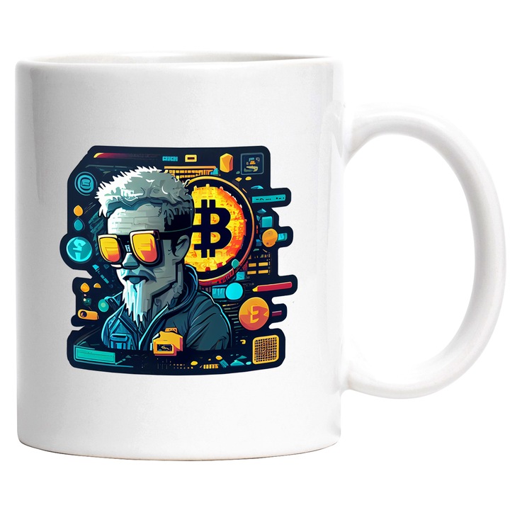 Cana Cu Hacker Cu Ochelari Bitcoin, Simbol Bitcoin, Monede Virtuale, Crypto, Iubitorii De Investitii, 330 ml, cu maner Alb