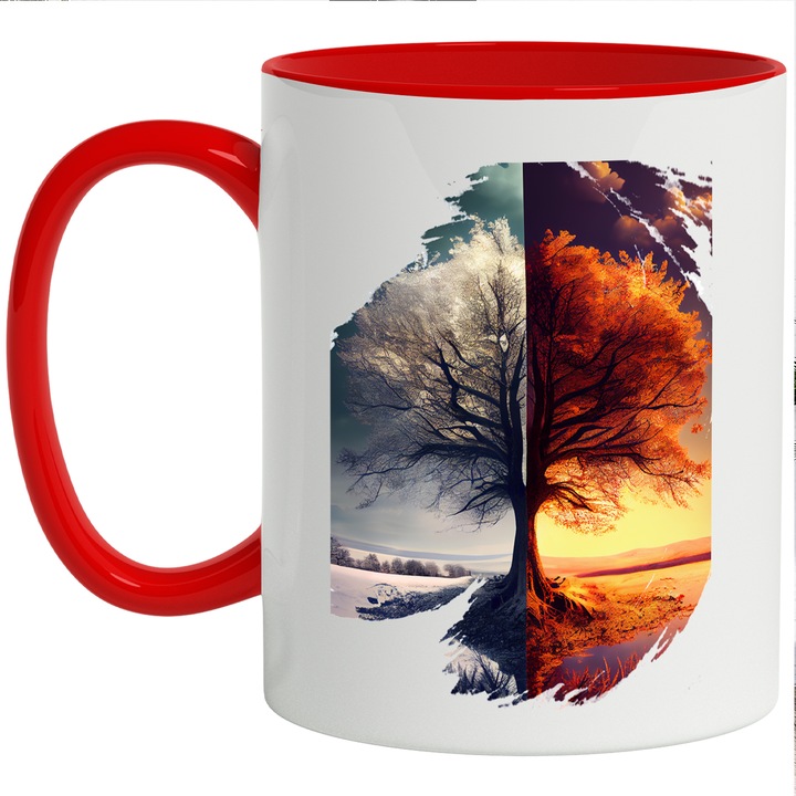 Cana ' Copacul Vesnic', Iarna, Vara, Apus De Soare, Frumusetea Nataurii, Multicolor, 330 ml, cu maner Rosu