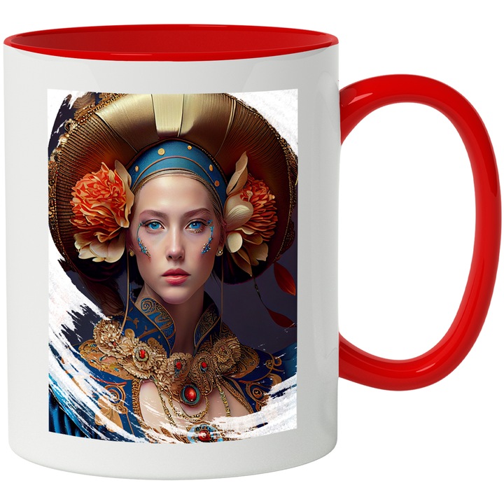 Cana Cu Portret 'Alania', Fata Cu Palarie Bizara, Ochii Albastri, Zeita Floriilor, Medalion Rosu, Multicolor, 330 ml, cu maner Rosu