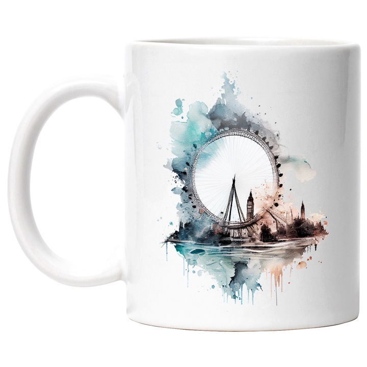 Cana Cu Pictura London Eye, Londra, Marea Britanie, Big Bean, Calatorii, Multicolor, 330 ml, cu maner Alb