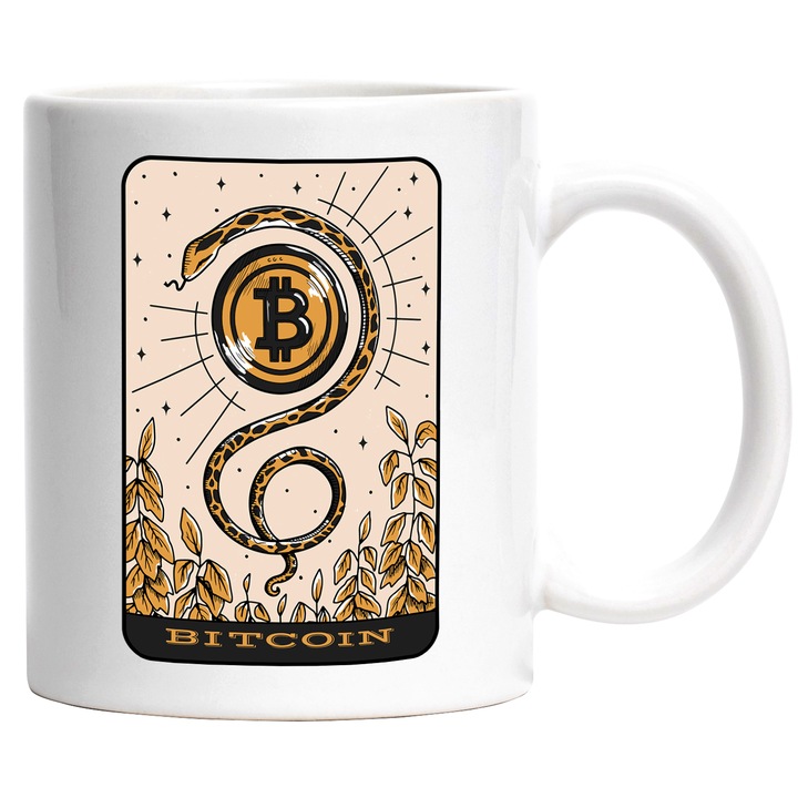Cana Cu Carte Tarot Bitcoin, Sarpe, Iubitorii De Investitii, Moneda Virtuala, 330 ml, cu maner Alb