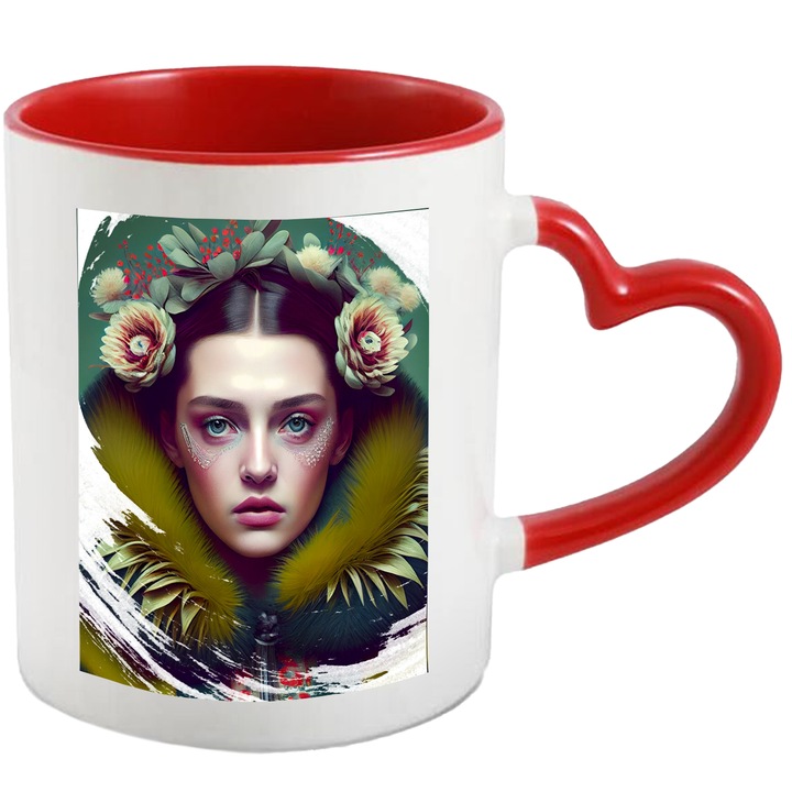 Cana Portret Femeie Haina De Blana Verde, Flori Verzi Pe Cap, Par Brunet, Ochii Albastri, Multicolor 330 ml, cu maner Inima Rosie