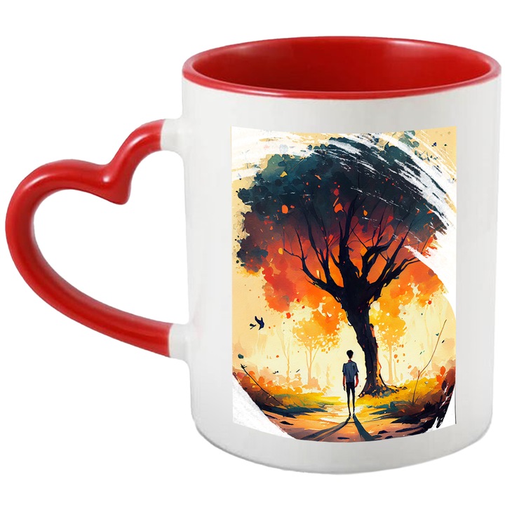 Cana Cu Apus De Soare, Om Stand In Fata Unui Pom, Peisaj De Toamna, Frumusetea Nataurii, Multicolor, 330 ml, cu maner Inima Rosie