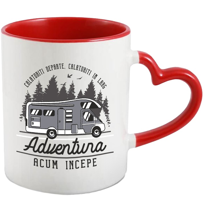 Cana Cu Mesajul Calatoriti Departre Calatoriti In Larg, Pentru Iubitorii De Aventura, Familie Excursie Cu Rulota, 330 ml, cu maner Inima Rosie