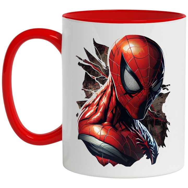 Cana Cu Portret Spider Man, Desene Animate Omul Paianjen, Comics, Super Erou, Iubitorii De Filme Marvel, 330 ml, cu maner Rosu