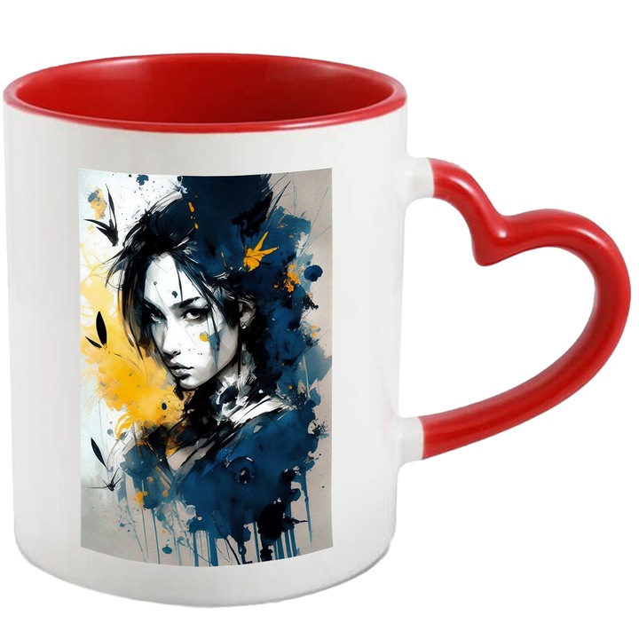 Cana Cu Portret Fata Parul Lung, Fii Puternic, Fluturi Zbrand, Galben, Negru, 330 ml, cu maner Inima Rosie