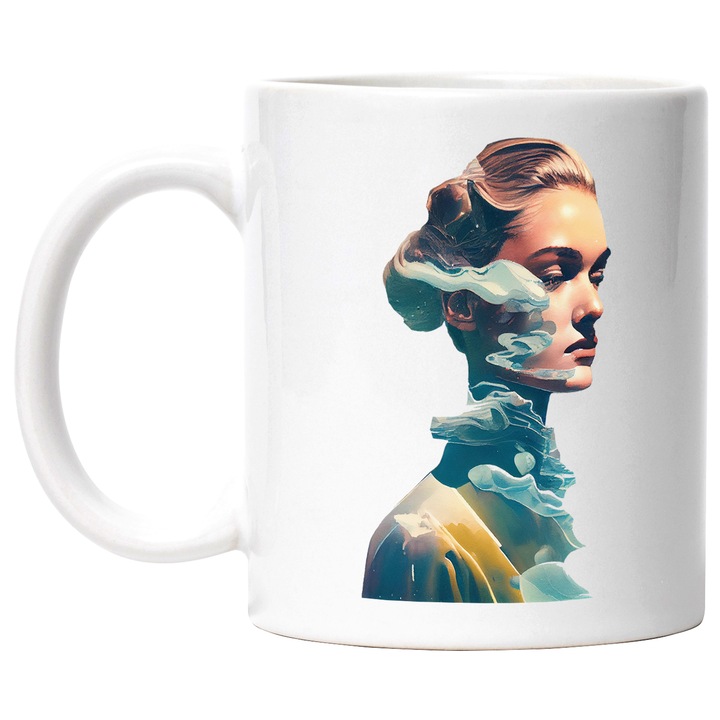 Cana Cu Pictura Chip Fata Nori Munti, Par Blond, Fata Palida, Arta Abstracta, Multicolor, 330 ml, cu maner Alb