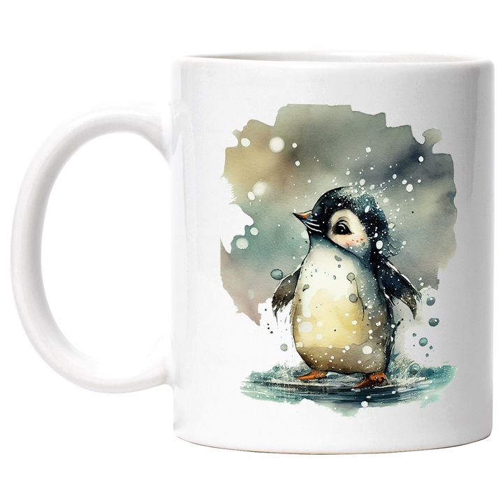 Cana Cu Pui De Pinguin Fericit In Fulgii De Zapada Cu Picioarele In Apa, Animal Dragalas, Desene Animate, Iubitorii De Animale, Multicolor, 330 ml, cu maner Alb