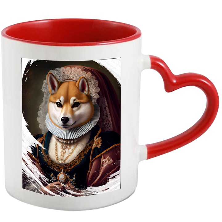 Cana Cu Portret Regina Vulpe, Animal Salbatic, Tinuta Secolul 17, Tron, Multicolor 330 ml, cu maner Inima Rosie