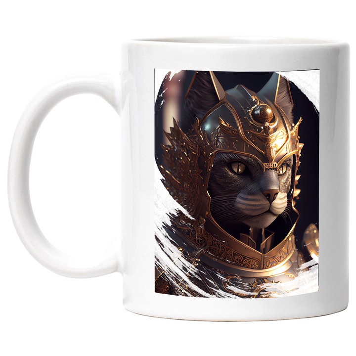 Cana Cu Portret Motan Razboinic, Armura De Aur, Iubitorii De Pisici, Sf, Desene Animate, Multicolor 330 ml, cu maner Alb