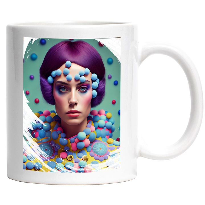 Cana Cu Portret Printesa Carnavalului, Par Mov, Bile Margele Colorate, Sf, Multicolor 330 ml, cu maner Alb