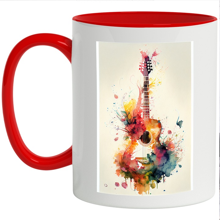 Cana Cu Pictura Chitara, Instrumente Muziale, Trupa Rock, Artist, Multicolor 330 ml, cu maner Rosu