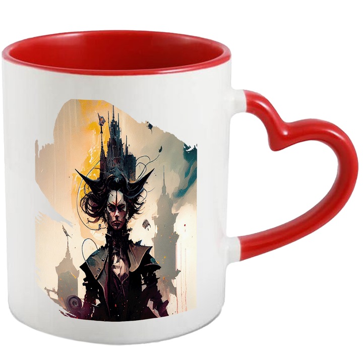 Cana Cu Pictura Femeie Razboinica Palarie Cu Cladiri Bizare, Big Bean, Lumea Poluata, Apocalipsa, Multicolor, 330 ml, cu maner Inima Rosie