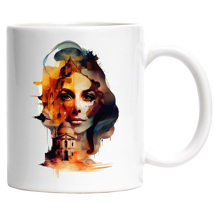 Cana Cu Portret Femeie Cladiri Inalte Contemporane, Influenta Turca, Multicolor, 330 ml, cu maner Alb